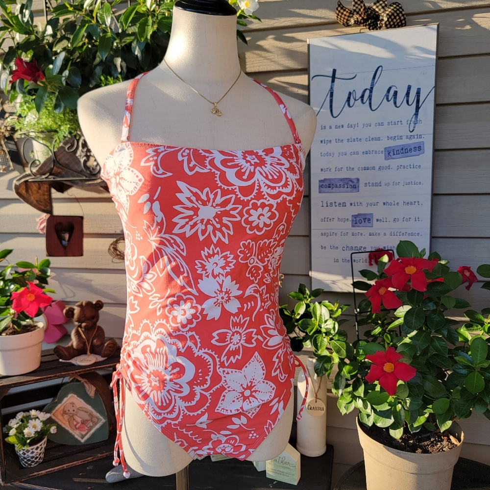 BEACH HOUSE ♡ Gorgeous Coral 'n White Strap(Less) Tie Back Adj Swimsuit 12